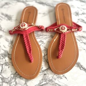 Pierre Dumas Sandals Passion Red Rhinestone Flat T Strap 5.5 Summer Festival